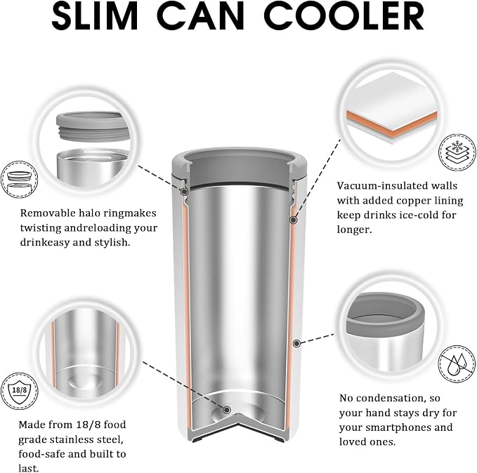 TILUCK Skinny Can Cooler, Stainless Steel Insulated Slim Cans, 12 oz | Beer & Hard Seltzer, Doucle-Walled Stainless Steel Insulated Slim Cans, Slim 12 oz (Glitter Sky)