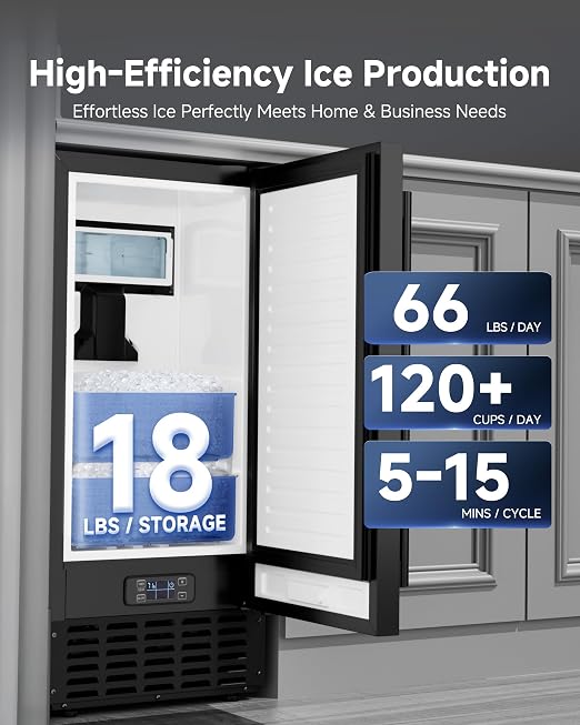 Commercial Ice Maker 68Lb/Day, Under Counter Nugget Ice Machine with 2 Ice Drawers, Built-in Freestanding Ice Maker with Auto-Cleaning & 24H Timer for Bar Restaurant Cafe Black