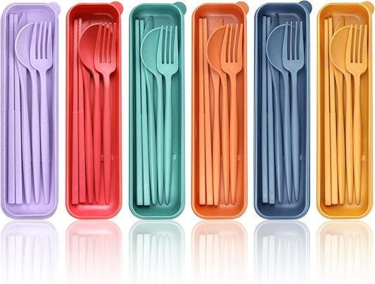 DISSKNIC Reusable Utensils Set with Case, 6 Sets Travel Utensils with Case, Wheat Straw Portable Cutlery Set Chopsticks Knives Fork and Spoon for Lunch Box Accessories