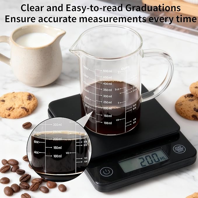 77L 2 Cup Glass Measuring Cup, [Insulated handle, V-Shaped Spout], High Borosilicate Glass Measuring Cup for Kitchen or Restaurant, Easy To Read, 500 ML (0.5 Liter, 2 Cup)