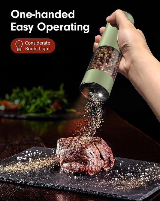 TOMEEM Upgraded Larger Capacity Electric Salt and Pepper Grinder Set Rechargeable with LED lights, Stainless Steel Automatic Pepper and Salt Grinder Refillable with 5 Adjustable Coarseness Green