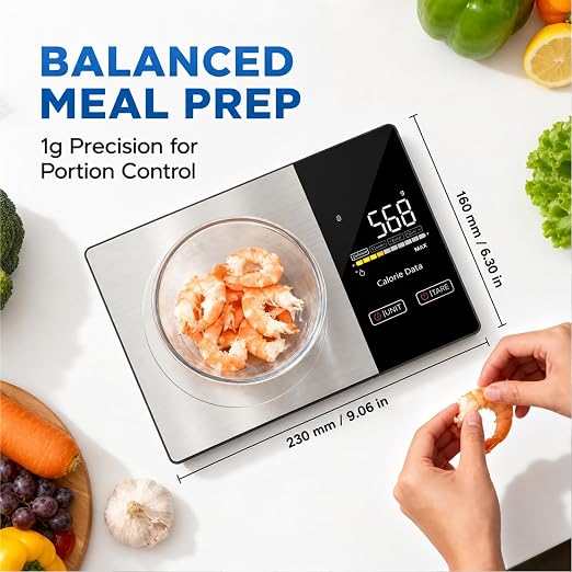 Smart Nutrition Food Scale with App - 1g Precision Digital Kitchen Scale, Tracks Calories & 24 Nutrients, Macros, Fat & Protein for Keto, Fitness & Meal Prep, 11lb/5kg with Tare Function