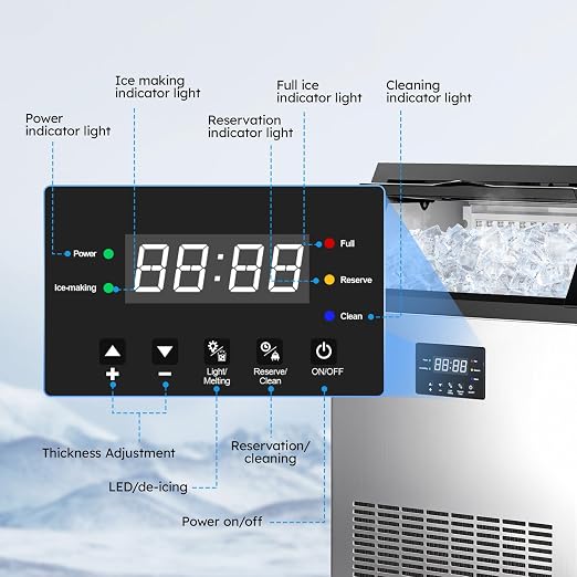 Commercial Ice Maker Machine - 200 Lbs/24H, Commercial Ice Machine with 50 LBS Storage Bin, Under Counter or Freestanding Ice Maker, 55 Ice Cubes in 5-15 min, Thicknesses Adjustable, Stainless Steel