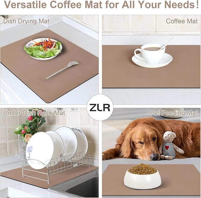 ZLR Large Coffee Bar Mat for Coffee Station, 16"x24" XL, Brown | Oversized Counter Protector, Absorbent Dish Drying Mat, Fits Espresso, Grinder, Frother & Cup Display, Hides Stains