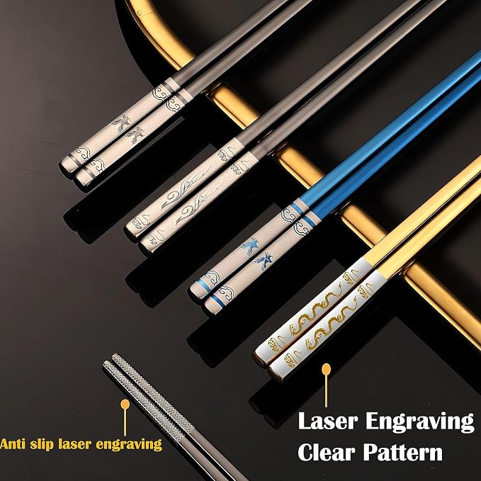 Portable Chopsticks, 2PC Black Eagle,18/8 Stainless Steel | Pull Design Case, Titanium Plated, Reusable, Dishwasher Safe