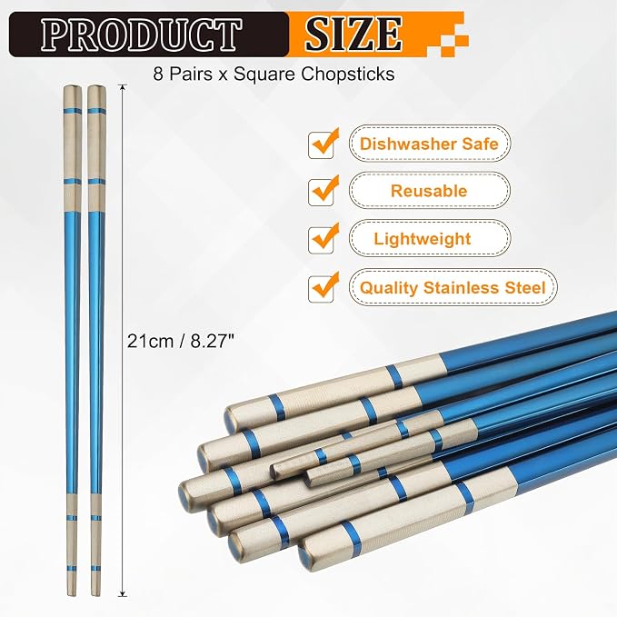 uxcell 8 Pairs Stainless Steel Chopsticks, 21cm / 8.27 Inch Metal Chop Sticks Square Lightweight Chopsticks Tableware Accessories Bulk for Home Kitchen Hot Pot Cooking, Blue