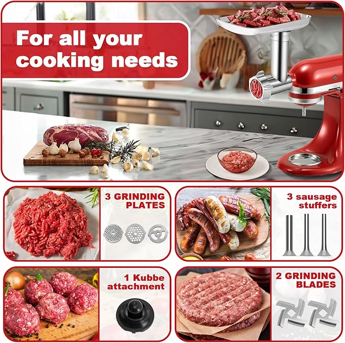 Meat Grinder Attachment for KitchenAid Stand Mixer – Metal Food Grinder with 4 Grinding Plates, 3 Sausage Stuffer Tubes & 2 Blades – Compatible with KitchenAid Mixers (Mixer Not Included)