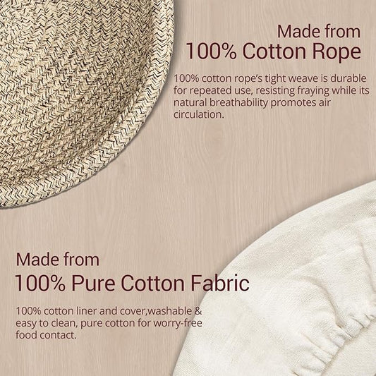 Sourdough Proofing Basket, 9" Round & 10" Oval Cotton Rope Banneton Basket Set with Washable Liners & Covers Artisan Bread Baking Supplies, Banneton Bread Proofing