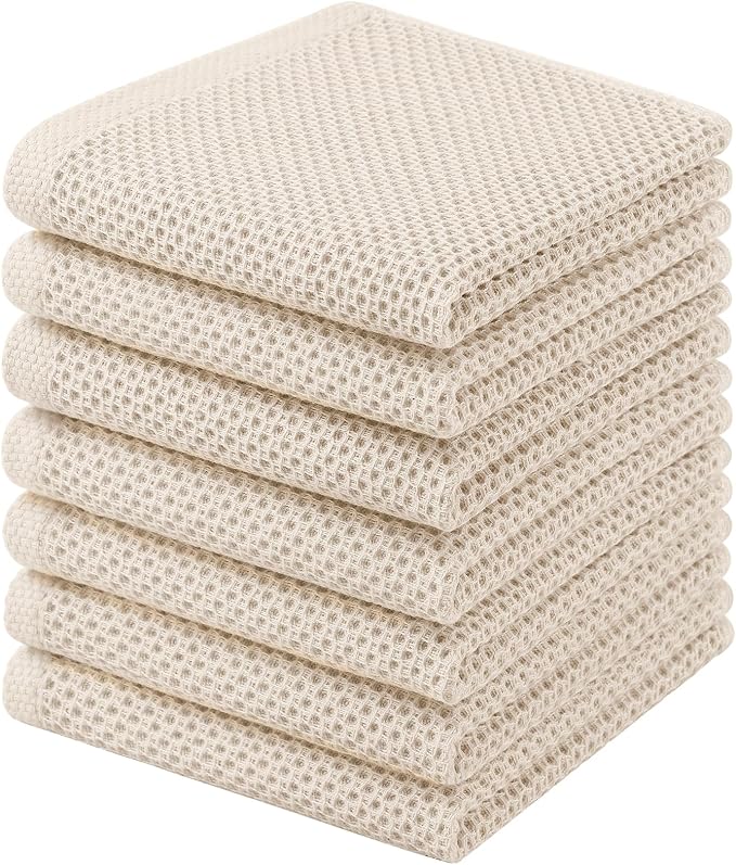Homaxy 100% Cotton Waffle Weave Kitchen Dish Cloths, 7-Pack, Beige | 12 x 12 Inches, Ultra Soft Absorbent Dish Towels, Quick Drying Dish Rags with Hanging Loop