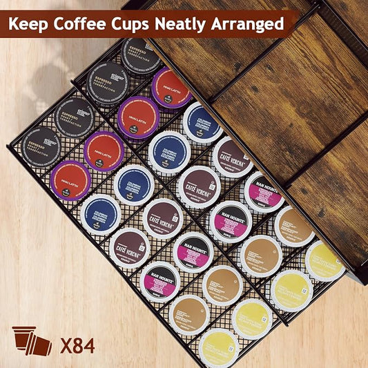 Homsorout Coffee Bar Organizer - Coffee Station for Countertop, Metal and Wood K Cup holder Storage Basket for Coffee Pods, Syrup, Cups, Stirrer, Coffee Condiment, Tea Organizer, Black and Brown