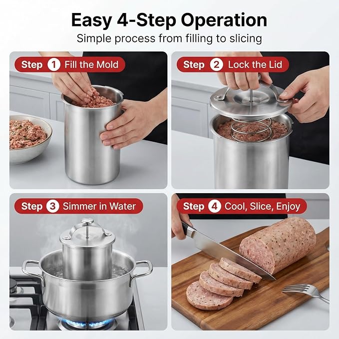 Stainless Steel Ham Maker with Thermometer, 304 Food-Grade Deli Meat Press Mold, 2-2.5 Lbs Capacity, Easy to Use & Dishwasher Safe for Homemade Ham, Luncheon Meat, Bacon - Home & Commercial Use