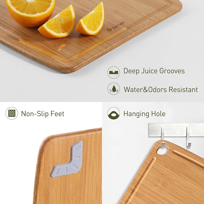 Lightweight Durable Bamboo Cutting Board Set with Non-Slip Feet, Wood Cutting Board for Busy Kitchen, Easy Clean Wooden Chopping Boards with Juice Groove Best House Warming Gift Set of 3 (S+M+L)