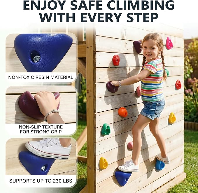 Rock Climbing Holds for Kids, 32 PCS Rock Wall Holds with Hardware, Indoor Outdoor Climbing Grips for Backyard Playset & Home Wall, Easy Install, Multicolor