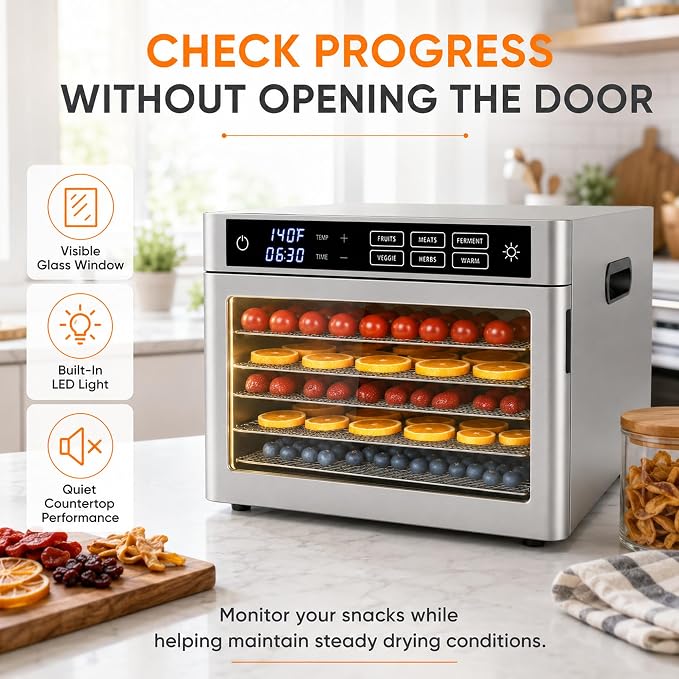 6-Tray Stainless Steel Food Dehydrator | jerky maker fruit dryer herb dehydrator dog treat maker digital food dehydrator countertop dehydrator