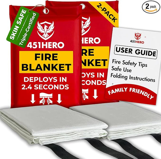 Emergency Fire Blanket – 2 Pack, Triple Certified, Comfort Weave Skin-Safe Fiberglass, Fire Blankets for Kitchen, Home & Outdoor Use. Multipack Safety for RV, Car, Camping, Preparedness Kits