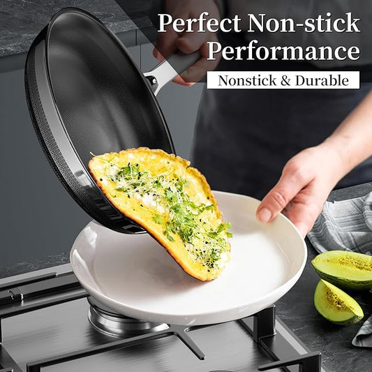 Innerwell Nonstick Ceramic Frying Pan Set,8inch&9.5inch&11inch Stainless Steel Frying Pan Skillet W/Glass Lid,Titanium Ceramic Omelet Pans,Kitchen Cooking Pan Set, Compatible W/All Cooktops