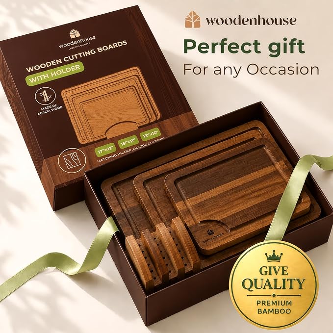 Acacia Wood Cutting Board Set of 3 with Holder, Juice Grooves & Handles | Durable and knife-friendly for chopping, food prep and charcuterie serving; three sizes with a matching storage stand