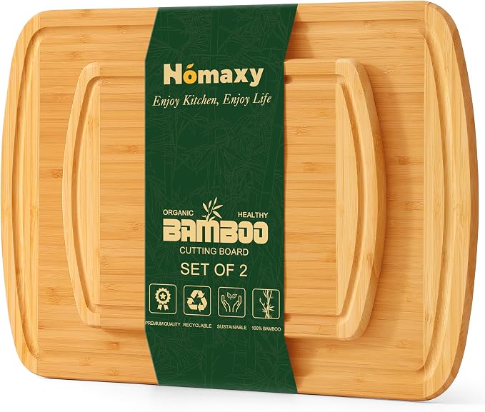 Homaxy Bamboo Cutting Boards for Kitchen Set of 2, Two-Tone | Wood Cutting Board with Juice Groove, Butcher Block Chopping Board for Kitchen, Meat, Fruit & Vegetables, Pre Oiled