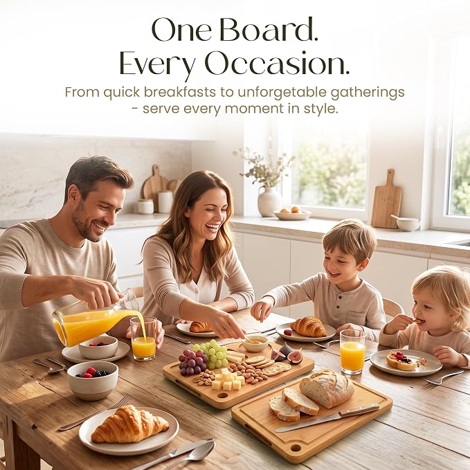 3-Piece Bamboo Cutting Boards - Groove, Handles, 15/12/9" - Natural | Bamboo boards with juice groove for prep, serving side for charcuterie