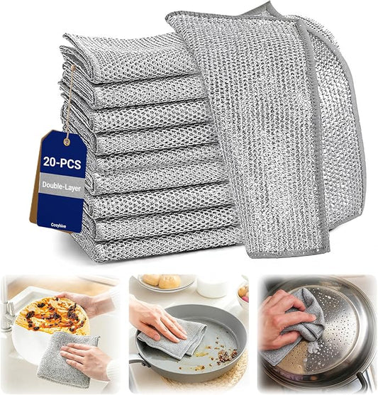 Non-Scratch Wire Dish Cloth, 20PCS Double Layer Multipurpose Wire Dishwashing Rags for Wet and Dry, Dish Cloths for Washing Dishes, Stovetops, Kitchen Countertops with Ease