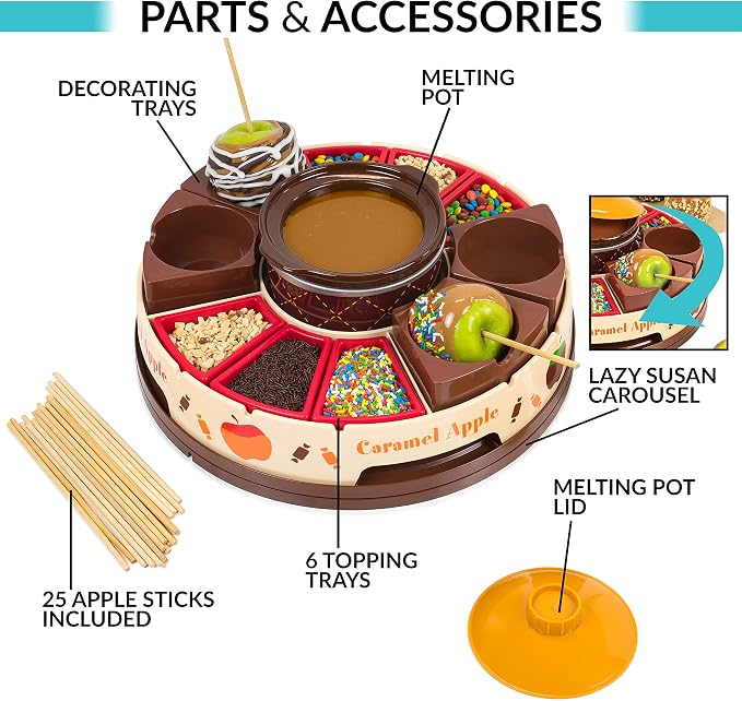 Nostalgia Chocolate & Caramel Fondue Pot, 25 Sticks, Fondue Machine with Decorating and Toppings Trays, Brown