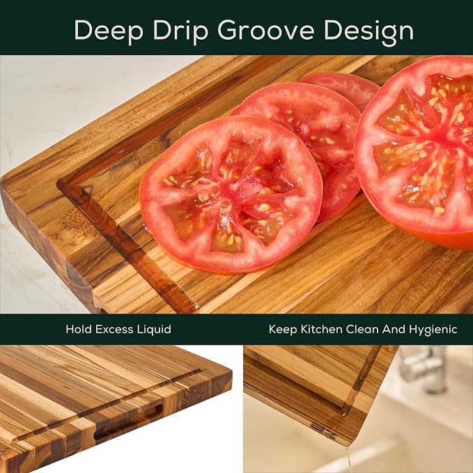 EZ FURNITURE Small (S) Teak Edge Grain Cutting Board, Reversible, Knife-Friendly Charcuterie Wood Cutting Board with Juice Groove & Handles, Non-Toxic, Gift Box Included (14" x 10" x 1")