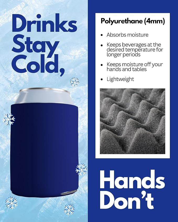 PartyPrints 200 Pack Navy Blue Blank Can Cooler Sleeves, Customizable Bulk Insulated Foam for Beer, Collapsible Plain Drink Holder, Cold Soda Insulator, 12oz Regular, 16oz Tall Cans