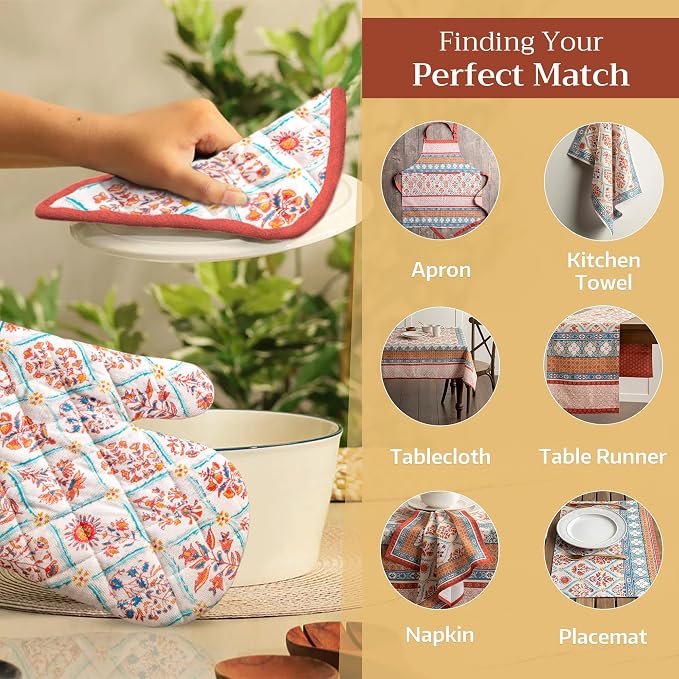 Maison d' Hermine 100% Cotton Oven Mitt & Pot Holder Set (7.5"x13" & 8"x8") | Heat Resistant BBQ Cooking Gloves with Loop Baking Grilling Kitchen Hotel Home Farmhouse Thanksgiving Christmas - Cachemire