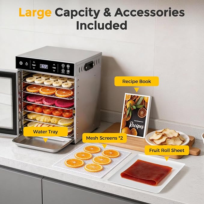 Suteck 400W Food Dehydrator with 10 Trays for Jerky, Fruit, Veg, Meat | Stainless Steel, 4 Presets, Strong Dual Fans & 360° Airflow, 85°F–195°F, 48H Timer, Built-in Light, Quiet