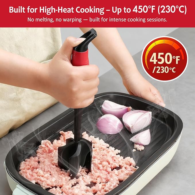 Ourokhome Meat Chopper and Potato Masher, Heat Resistant Nylon Ground Beef Smasher for Hamburger, 5 Curved Blades Nonstick Safe Mixer & Stirrer, Practical Kitchen Gadgets, Black Red