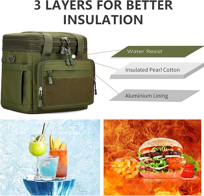 Gafetrey Large Tactical Lunch Box for Men, Insulated Lunch Bag Adult, Thermal Lunchbox Leakproof Waterproof Cooler Bag, Dual Compartment Lunch tote, Large Lunch Pail for Office Camping (Green)24L