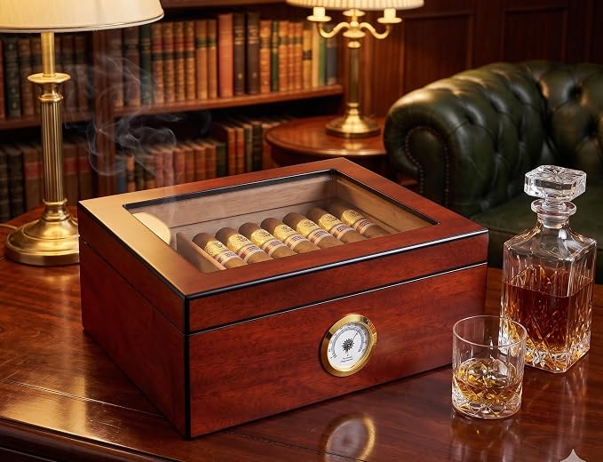 Premium Spanish Cedar Cigar Humidor – 25-50 Cuba Cigar Capacity, Sapele Cherry Finish Cigar Storage Box, Glass Top, Built-In Hygrometer & Humidifier – 10.25" W x 8.75" D x 4.5" H