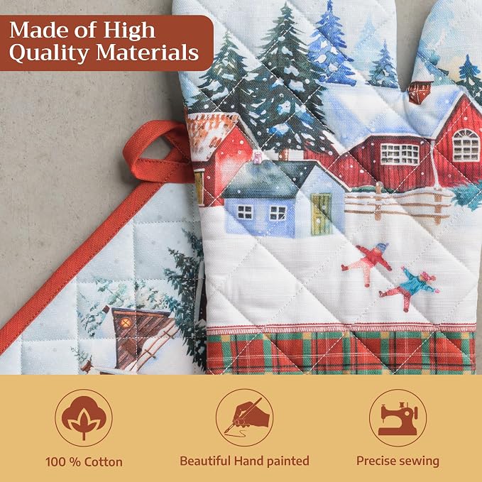 Maison d' Hermine 100% Cotton Oven Mitt & Pot Holder Set (7.5"x13" & 8"x8") | Heat Resistant BBQ Cooking Gloves with Loop Baking Grilling Kitchen Hotel Home Farmhouse Thanksgiving Christmas - Megeve
