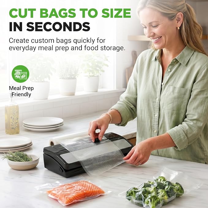 NutriChef Vacuum Sealer for Food - Automatic Electric Air Sealing Preserver System with Gentle and Normal Modes, Roll Cutter, Reusable Bags, Meal Prep Storage, Suitable for Dry/Moist Foods