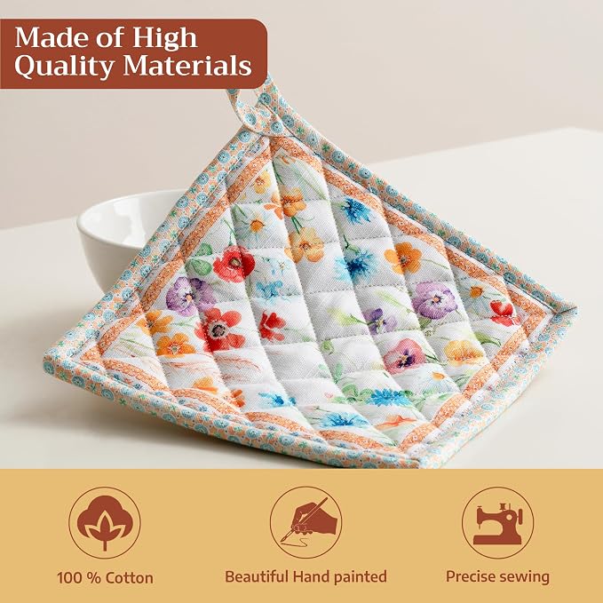 Maison d' Hermine Pot Holders 100% Cotton Potholders (8" x 8", Pack of 1) | Heat Resistant Hot Pads with Loop BBQ Cooking Baking Farmhouse Kitchen Handling Hot Pans Spring Summer - Summer Whisper