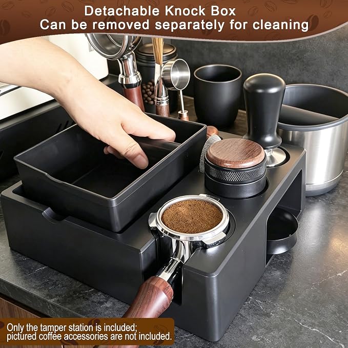 Espresso tamping station knock box,tamper station,Espresso station fit for storage 51-58mm tamper,distributor,portafilter,puck screen accessories,9 in 1 espresso knock box and tamper station