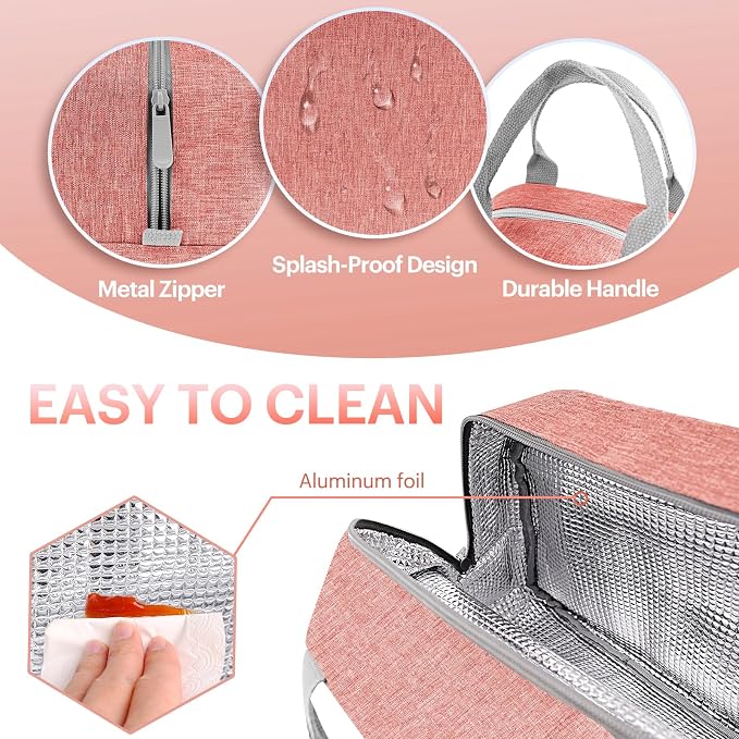 Lunch Bag for Women & Men Adult Insulated Lunch Box, Small Leakproof Cooler Food Lunch Containers Reusable High Capacity Lunch Tote Bags for Work, Travel, Outdoor - Rose Red