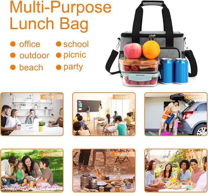Lunch Bags for Women/Men, Insulated Lunch Bag for Work Office Picnic - Large Lunch Cooler Bag Leakproof Lunch Box with Adjustable Shoulder Strap for Adults - Grey (15L)