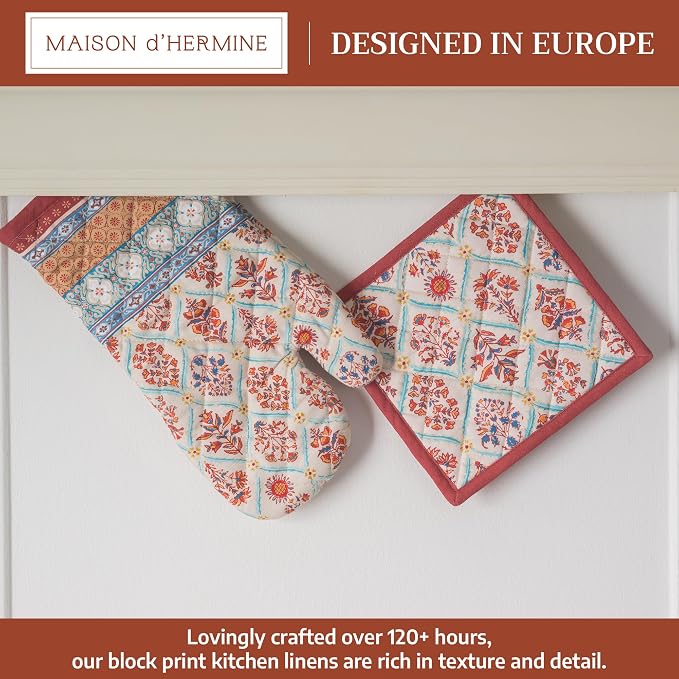 Maison d' Hermine 100% Cotton Oven Mitt & Pot Holder Set (7.5"x13" & 8"x8") | Heat Resistant BBQ Cooking Gloves with Loop Baking Grilling Kitchen Hotel Home Farmhouse Thanksgiving Christmas - Romane