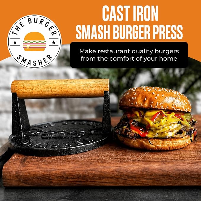 The Burger Smasher™ Pre-Seasoned Heavy Duty Cast Iron Smash Burger Press Kit - Heat Resistant Burger Smasher for Griddle, Food, Chef, Meat & Cooking Press, Hamburger Smasher - 30 Patty Paper