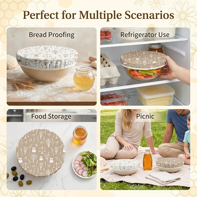 2Pcs Beige Reusable Beeswax Bowl Covers Bread Sourdough Bowl Covers for Proofing Rustic Wheat Reusable Elastic Bread Sourdough Cover Wrap Dough Proofing Food Storage Kitchen Baking Supplies