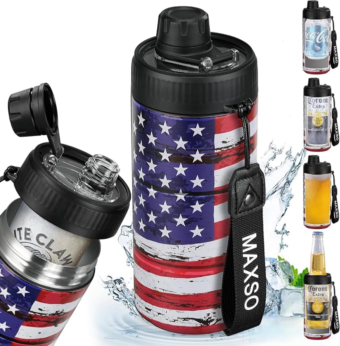 MAXSO Sealed Can Cooler Fizz Lid Can Cover for 12 oz Regular, Slim Skinny Cans & As Thermal Bottle, 4-in-1 Insulated Vacuum Stainless Steel Carbonated Cold Drink Holder -America Flag