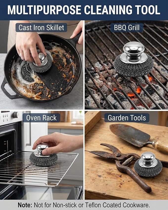 6 Pack Stainless Steel Wool Scrubber Set- Heavy Duty Metal Sponge Scouring Pad for Cast Iron Skillet, Grill & Pots -Include Short & Long Handle & Brush & 3 Pads,Kitchen Dish Scrubber