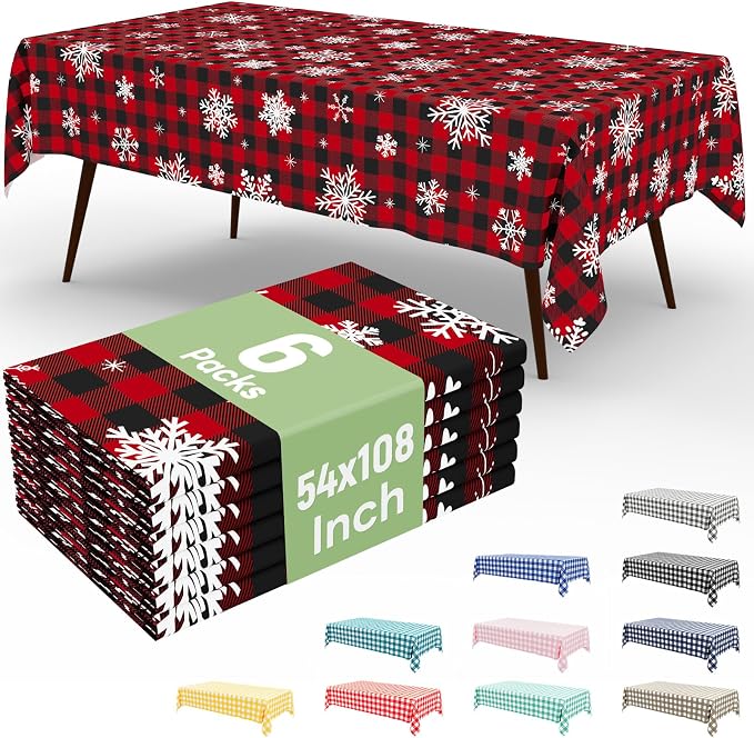 6 Packs Christmas Buffalo Disposable Table Cloth, 54 x 108 Inch Waterproof Plastic Tablecloth, Rectangle Black Red and White Checkered Table Covers for Picnic, Birthday, Party