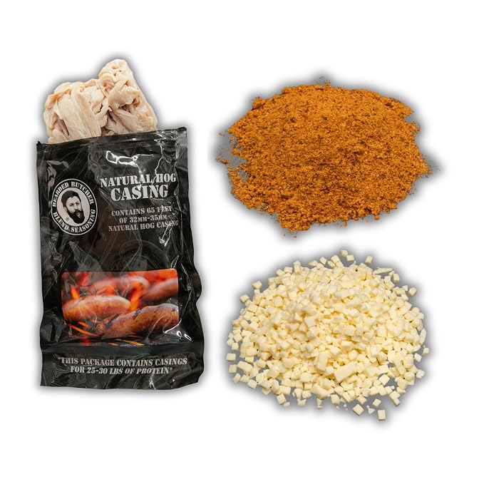 Bearded Butchers Original Bratwurst DIY Kit – Make Mild & Flavorful Homemade Brats – Includes Original Seasoning, High-Temp Mozzarella Cheese & 32mm-35mm Natural Hog Casings for 25 lbs Meat