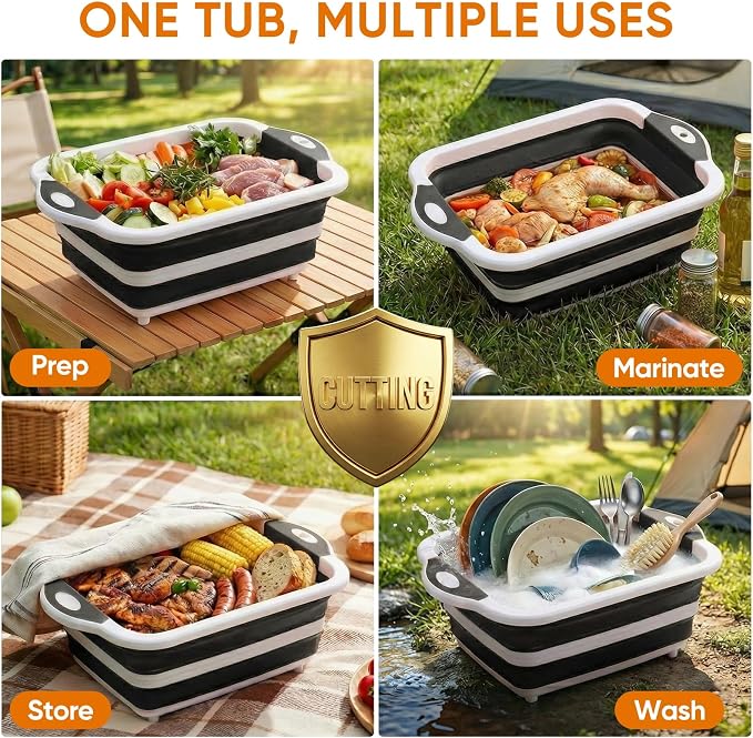 Collapsible BBQ Prep Tub with Lid, Foldable Camping Sink with Colander, Cutting Board, Dish Basin for Kitchen, Bowl, Vegetable and Fruit, Storage Basket for Picnic-Black