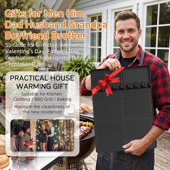Find law Silicone Tools Mat for Griddle & Kitchen Countertop | Black Side Shelf Spatula Mat with Drip Pad for Blackstone Weber Traeger Pit Boss Flat Top Grill Smoker, BBQ Gifts for Men