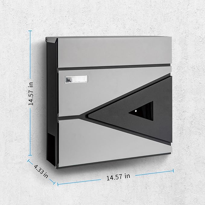 Wall-Mount Mailbox for House Outside, Security Drop Box with Lock and Keys, Steel Metal Mail Box with Newspaper Compartment, 14.57 x 14.57 x 4.33 Inch, Grey & Black, MD039 X-Large