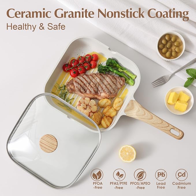 SENSARTE Nonstick Ceramic Grill Pan with Lid, Grill Pan for Stove Tops, Square Grilling Pan with Pour Spouts, Durable Grill Skillet for All Stoves, Steak Bacon Pan, Non Toxic PTFE,PFAS,PFOA Free