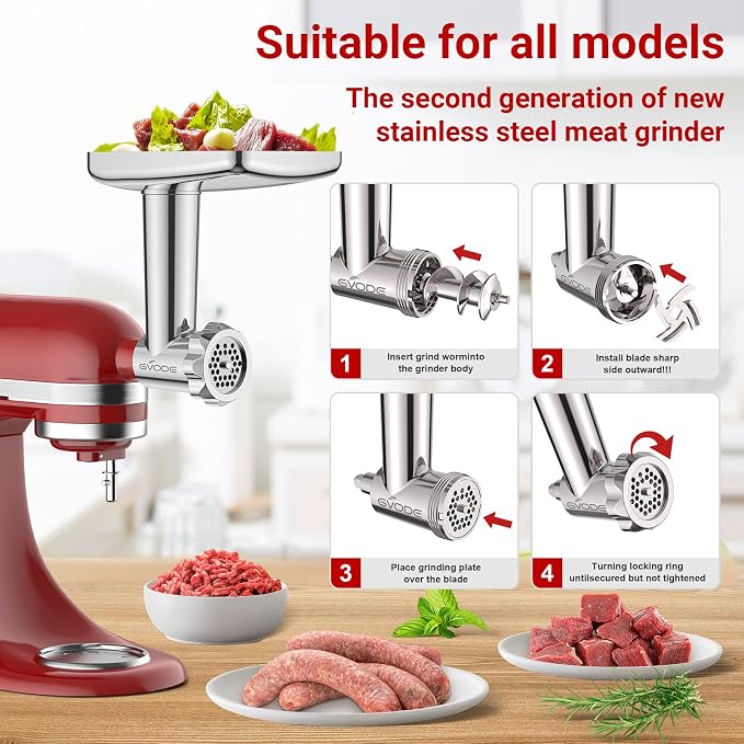 GVODE Stainless Steel Meat Grinder Attachment for KitchenAid Stand Mixer | Food Grinder attachment with 4 Grinding Plates, 3 Sausage Stuffer Tubes, 2 Grinding Blades, Mixers Accessories for Kitchen
